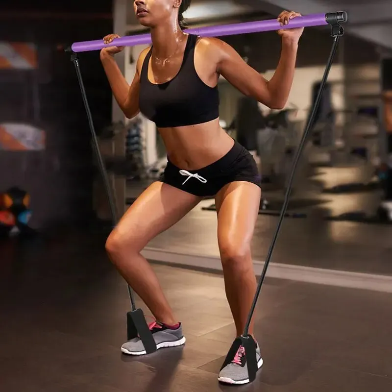 Pilates Bar with Resistance Bands, Portable Home Workout Exercise Stick for Full Body Toning, Pink & Violet Available