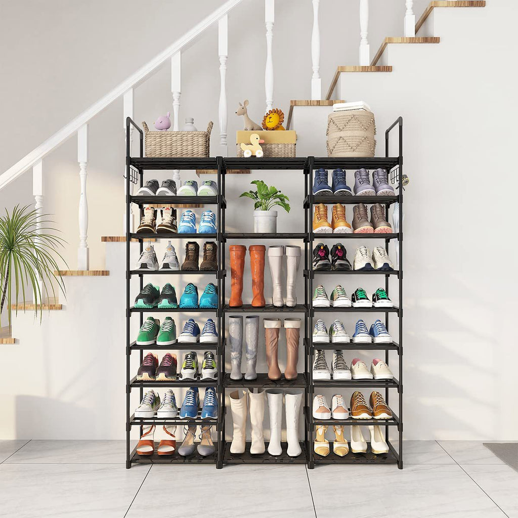 AEELLEEA-Tier Narrow Shoe Rack, Large Capacity Shoe Organizer with 5 Hooks, Freestanding Shoe Storage for Entryway Closet, Holds 20-25 Pairs of Shoes