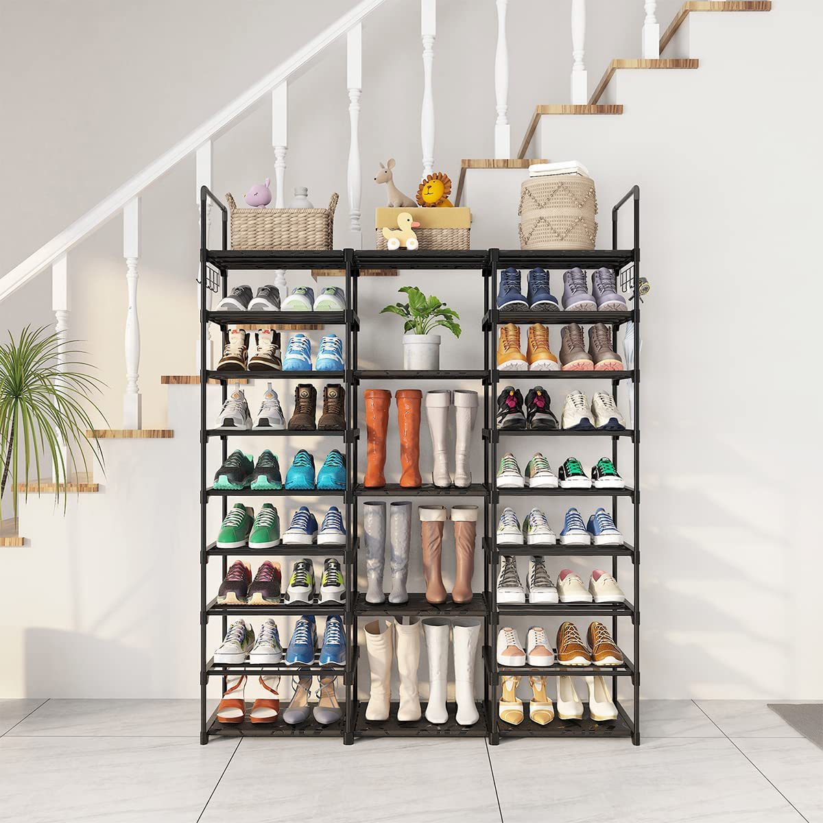 AEELLEEA-Tier Narrow Shoe Rack, Large Capacity Shoe Organizer with 5 Hooks, Freestanding Shoe Storage for Entryway Closet, Holds 20-25 Pairs of Shoes