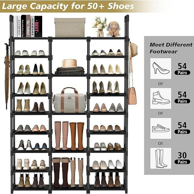 AEELLEEA-Tier Narrow Shoe Rack, Large Capacity Shoe Organizer with 5 Hooks, Freestanding Shoe Storage for Entryway Closet, Holds 20-25 Pairs of Shoes