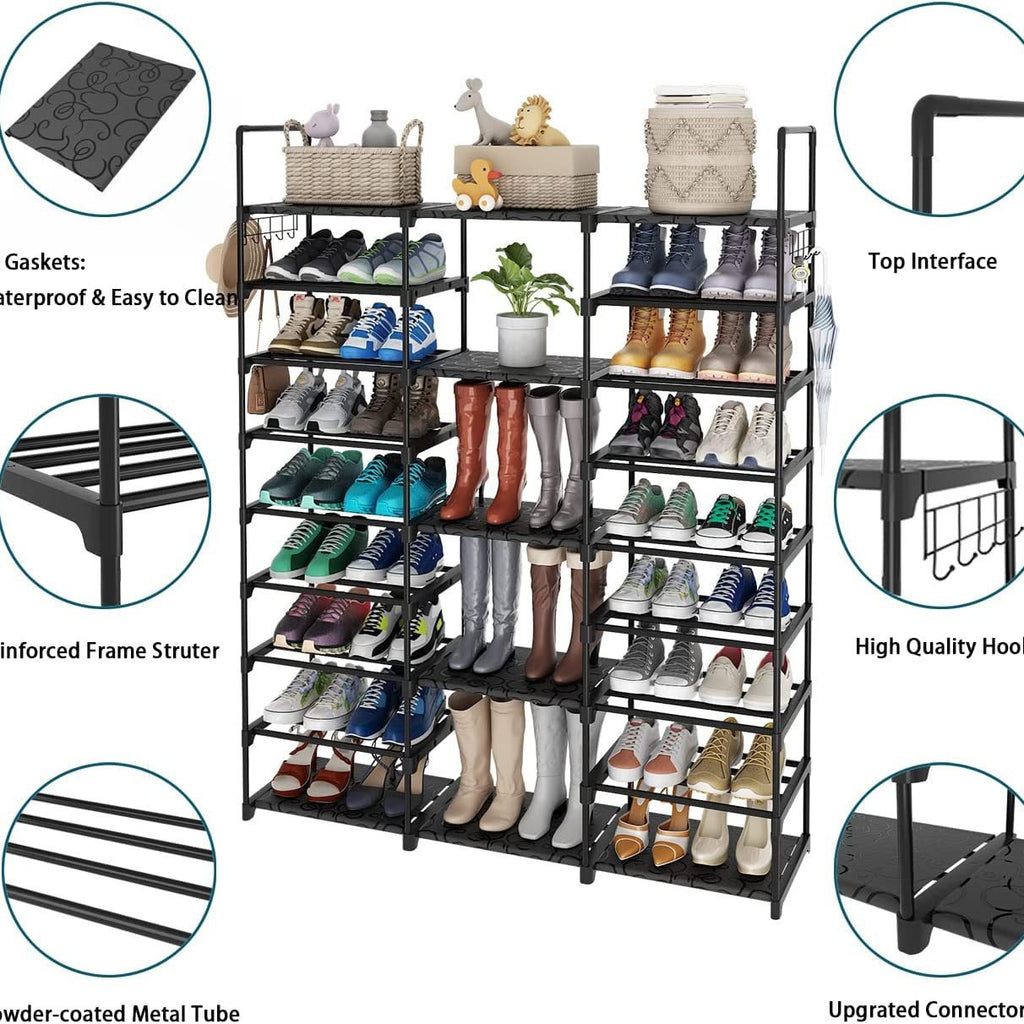 AEELLEEA-Tier Narrow Shoe Rack, Large Capacity Shoe Organizer with 5 Hooks, Freestanding Shoe Storage for Entryway Closet, Holds 20-25 Pairs of Shoes