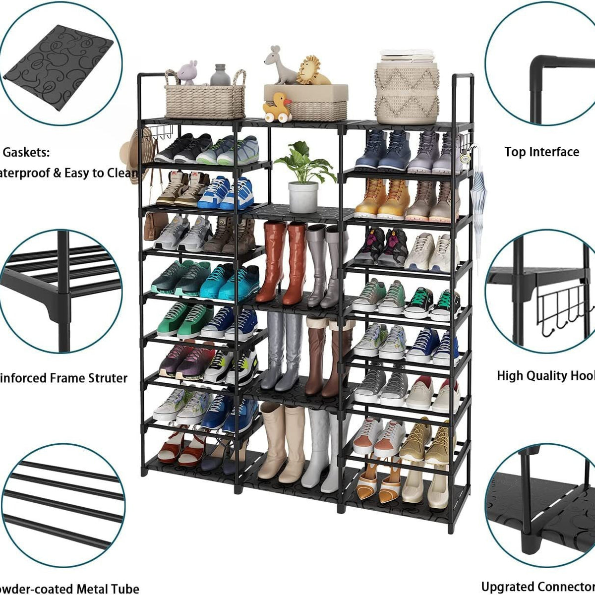 AEELLEEA-Tier Narrow Shoe Rack, Large Capacity Shoe Organizer with 5 Hooks, Freestanding Shoe Storage for Entryway Closet, Holds 20-25 Pairs of Shoes