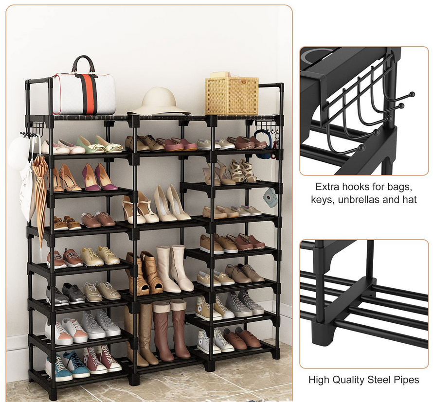 AEELLEEA-Tier Narrow Shoe Rack, Large Capacity Shoe Organizer with 5 Hooks, Freestanding Shoe Storage for Entryway Closet, Holds 20-25 Pairs of Shoes