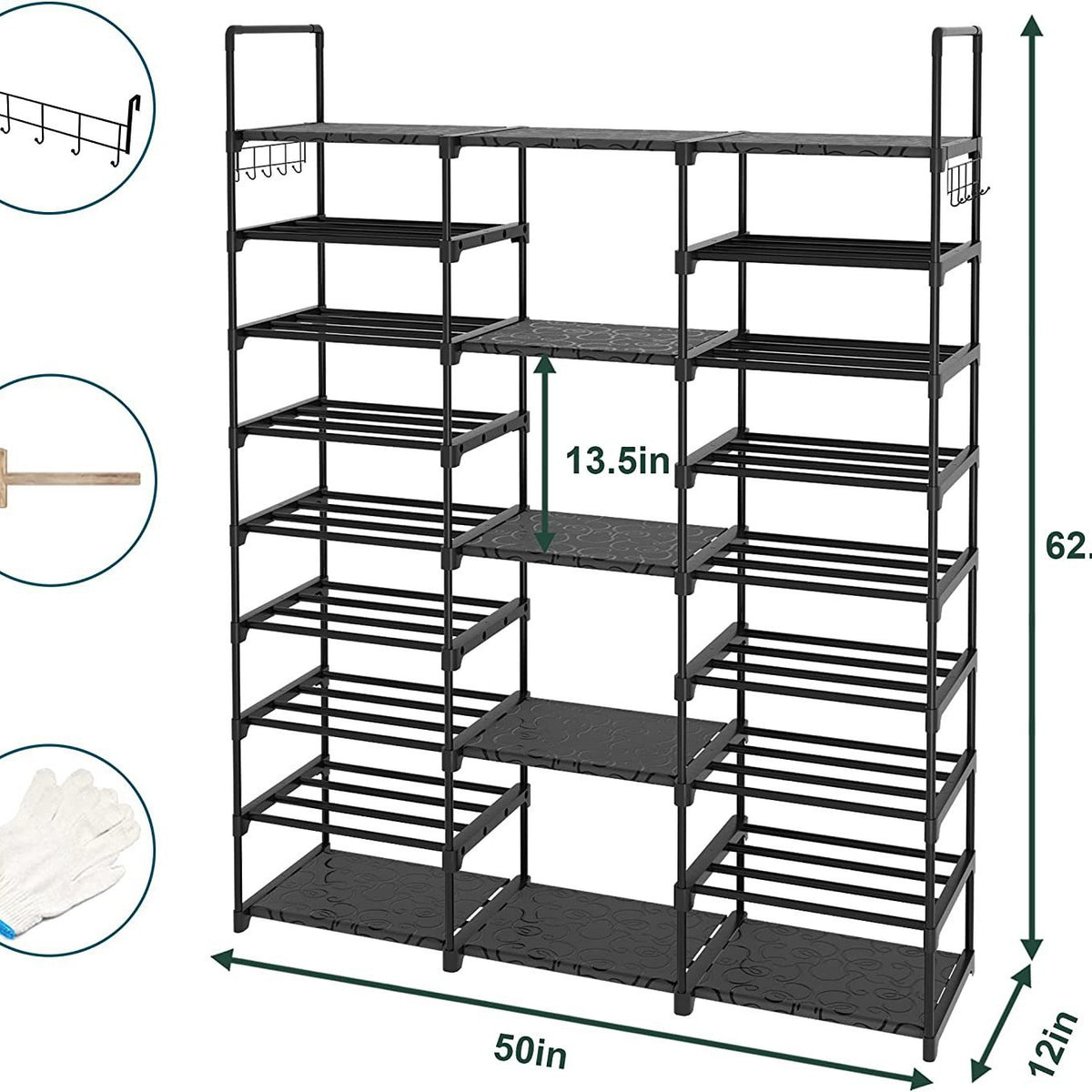 AEELLEEA-Tier Narrow Shoe Rack, Large Capacity Shoe Organizer with 5 Hooks, Freestanding Shoe Storage for Entryway Closet, Holds 20-25 Pairs of Shoes