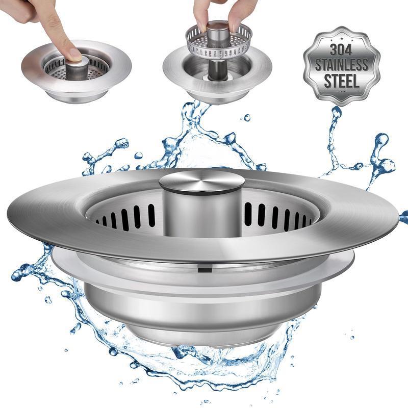 AEELLEEA-3-in-1 Kitchen Sink Drain Kit All Metal SUS304 Strainer Stopper Drain Assembly for Home Kitchen