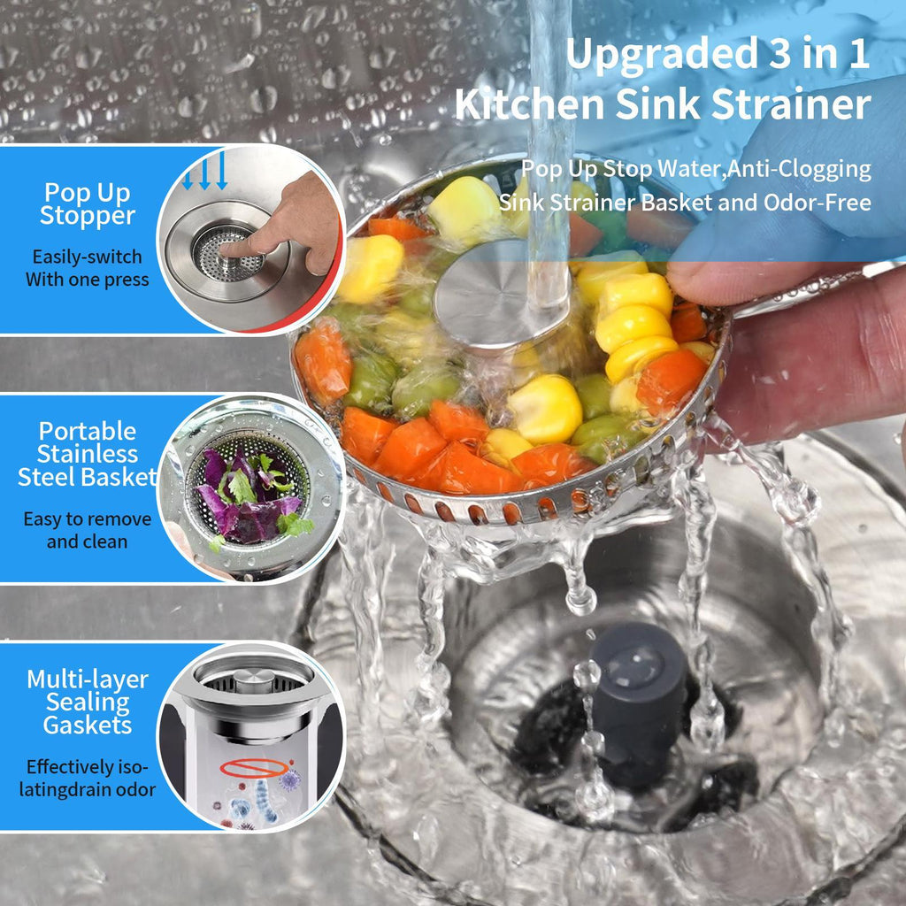 AEELLEEA-3-in-1 Kitchen Sink Drain Kit All Metal SUS304 Strainer Stopper Drain Assembly for Home Kitchen