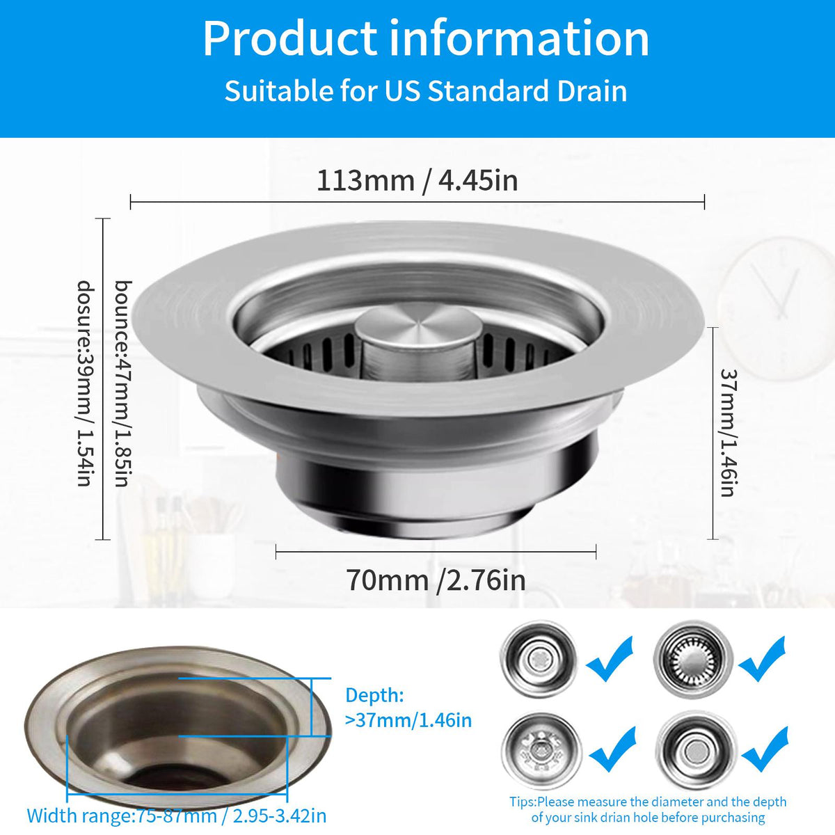 AEELLEEA-3-in-1 Kitchen Sink Drain Kit All Metal SUS304 Strainer Stopper Drain Assembly for Home Kitchen