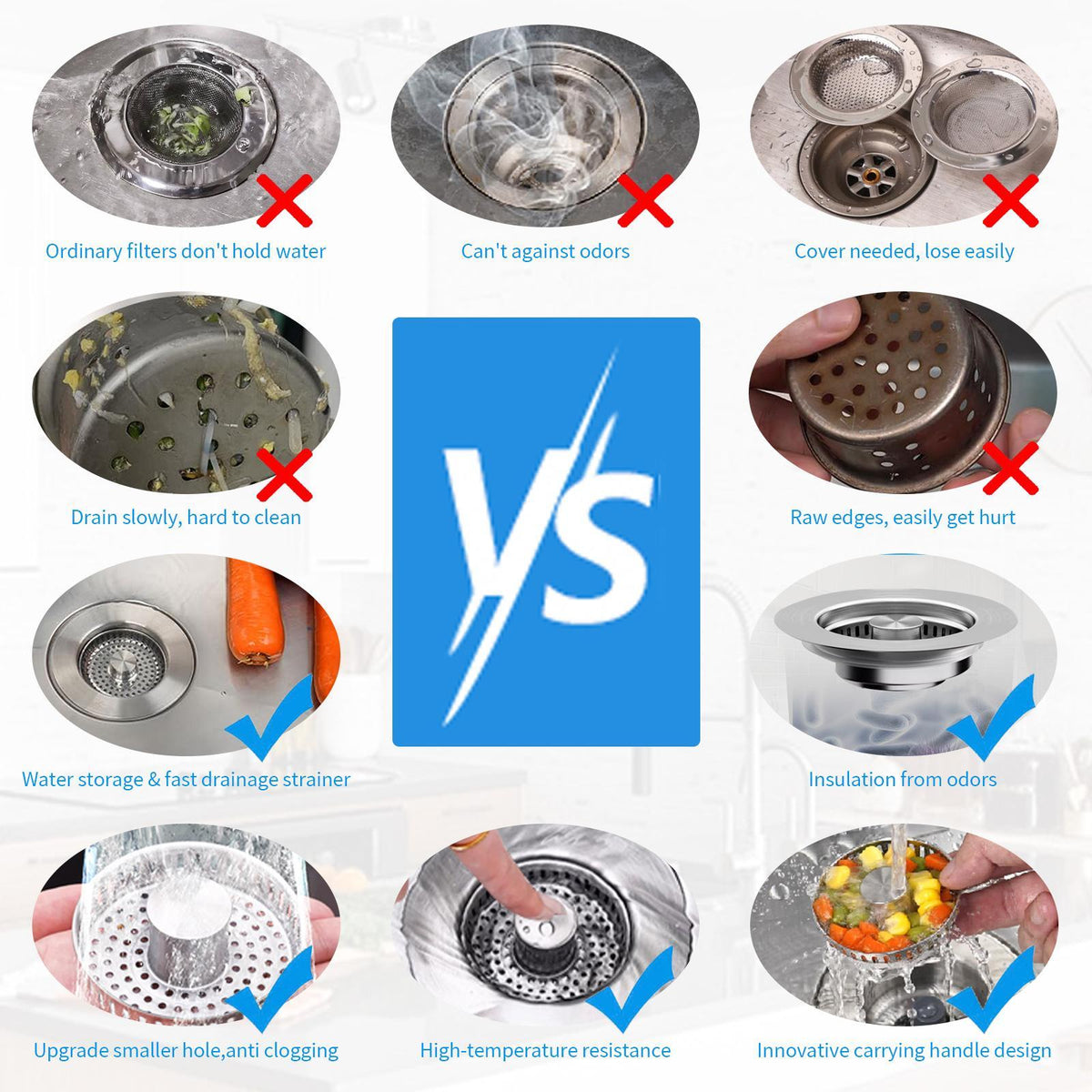 AEELLEEA-3-in-1 Kitchen Sink Drain Kit All Metal SUS304 Strainer Stopper Drain Assembly for Home Kitchen