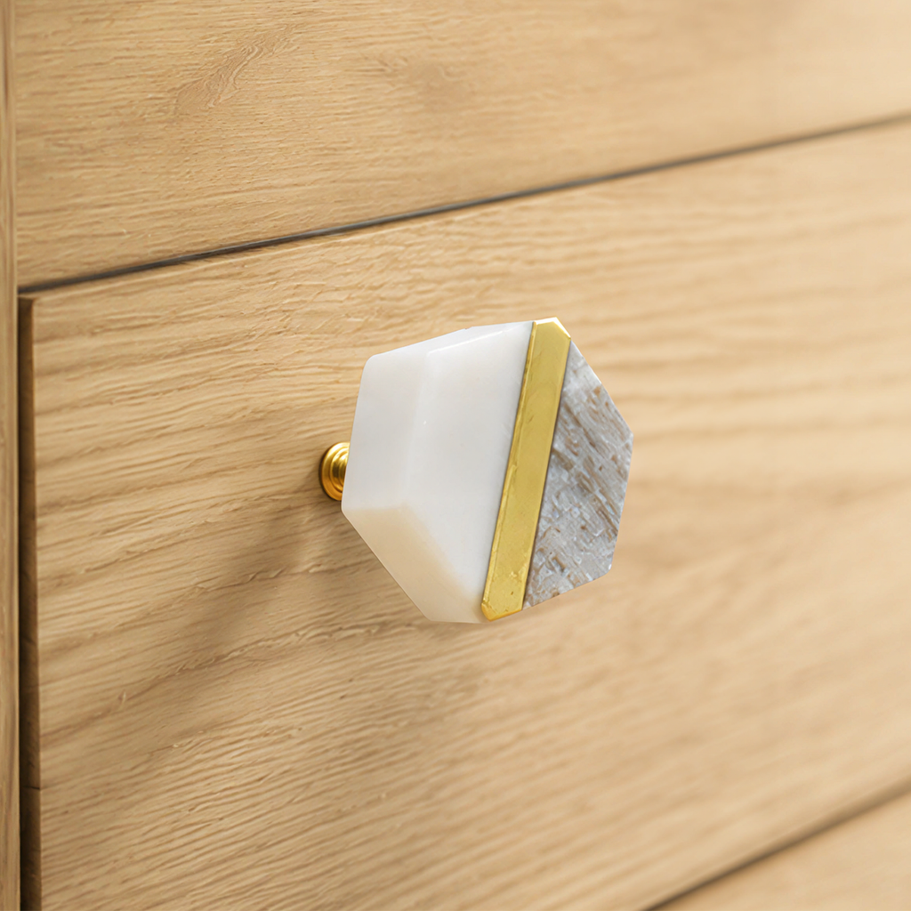 Natural Stone Hexagon Cabinet Knob with Gold Accent, Decorative Drawer and Dresser Furniture Hardware, White and Gray