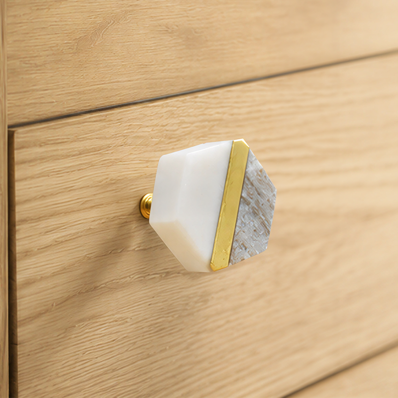 Natural Stone Hexagon Cabinet Knob with Gold Accent, Decorative Drawer and Dresser Furniture Hardware, White and Gray