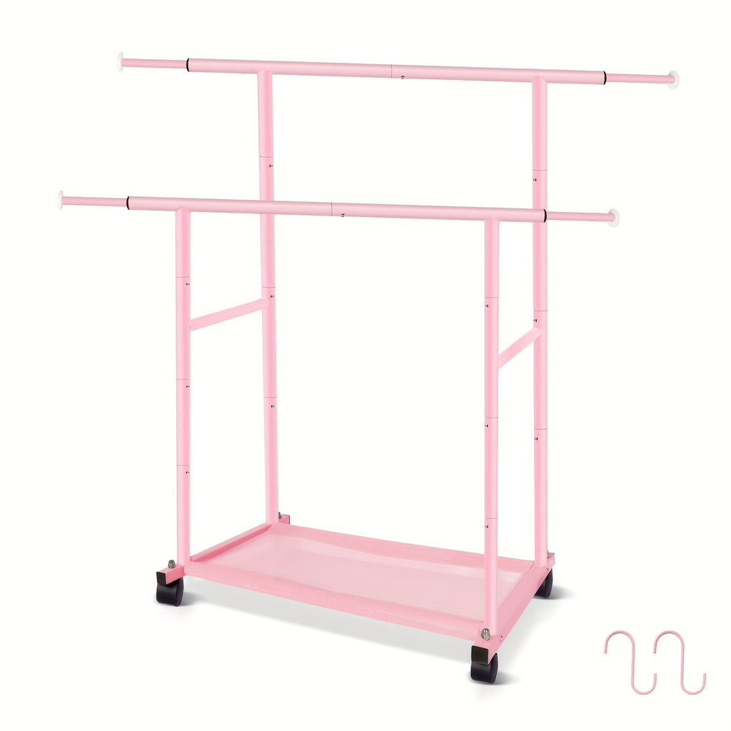 Pink Double Rod Garment Rack with Wheels, Heavy Duty Metal Clothes Rack Holds Up to 200 lbs, Adjustable Clothing Rack with Bottom Shelf and Side Hooks