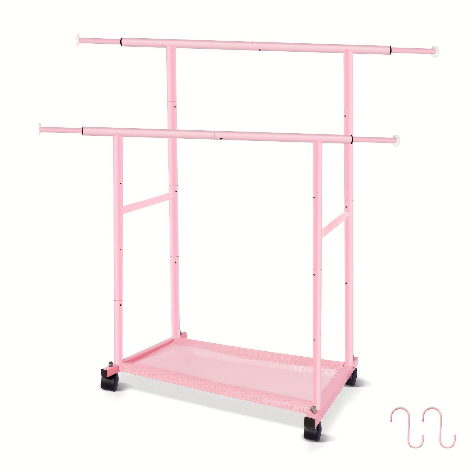 Pink Double Rod Garment Rack with Wheels, Heavy Duty Metal Clothes Rack Holds Up to 200 lbs, Adjustable Clothing Rack with Bottom Shelf and Side Hooks