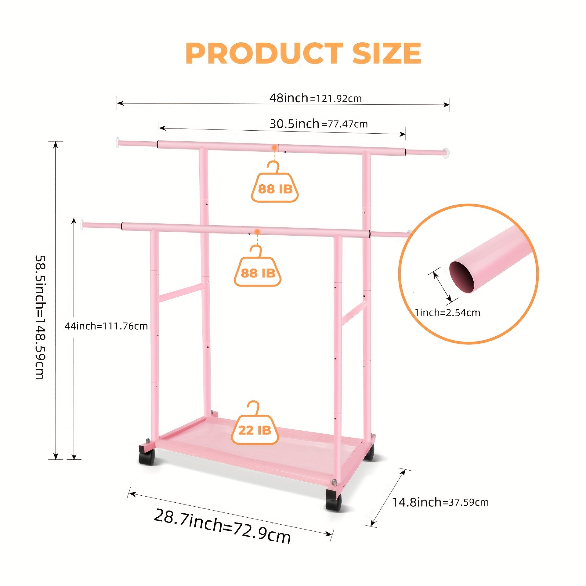 Pink Double Rod Garment Rack with Wheels, Heavy Duty Metal Clothes Rack Holds Up to 200 lbs, Adjustable Clothing Rack with Bottom Shelf and Side Hooks