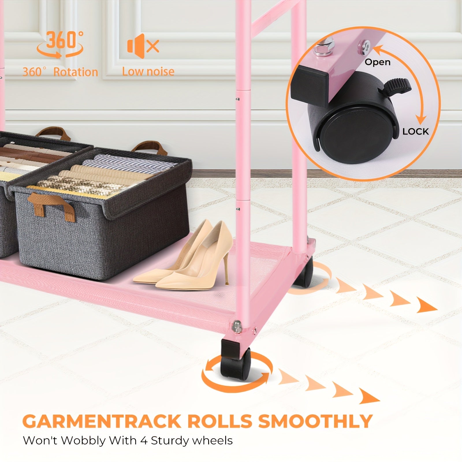 Pink Double Rod Garment Rack with Wheels, Heavy Duty Metal Clothes Rack Holds Up to 200 lbs, Adjustable Clothing Rack with Bottom Shelf and Side Hooks