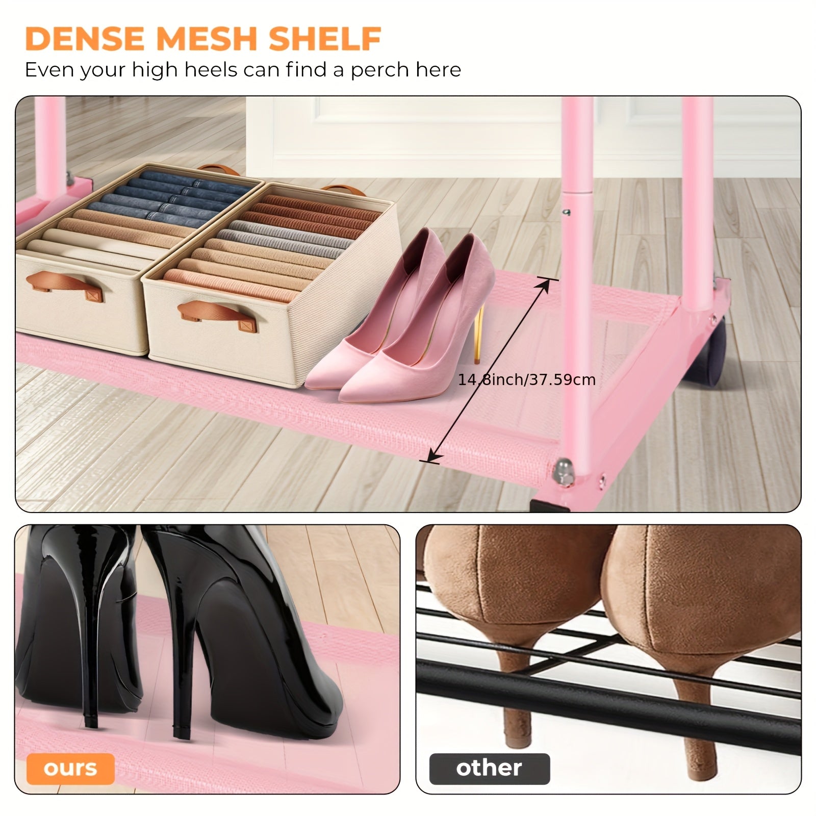 Pink Double Rod Garment Rack with Wheels, Heavy Duty Metal Clothes Rack Holds Up to 200 lbs, Adjustable Clothing Rack with Bottom Shelf and Side Hooks