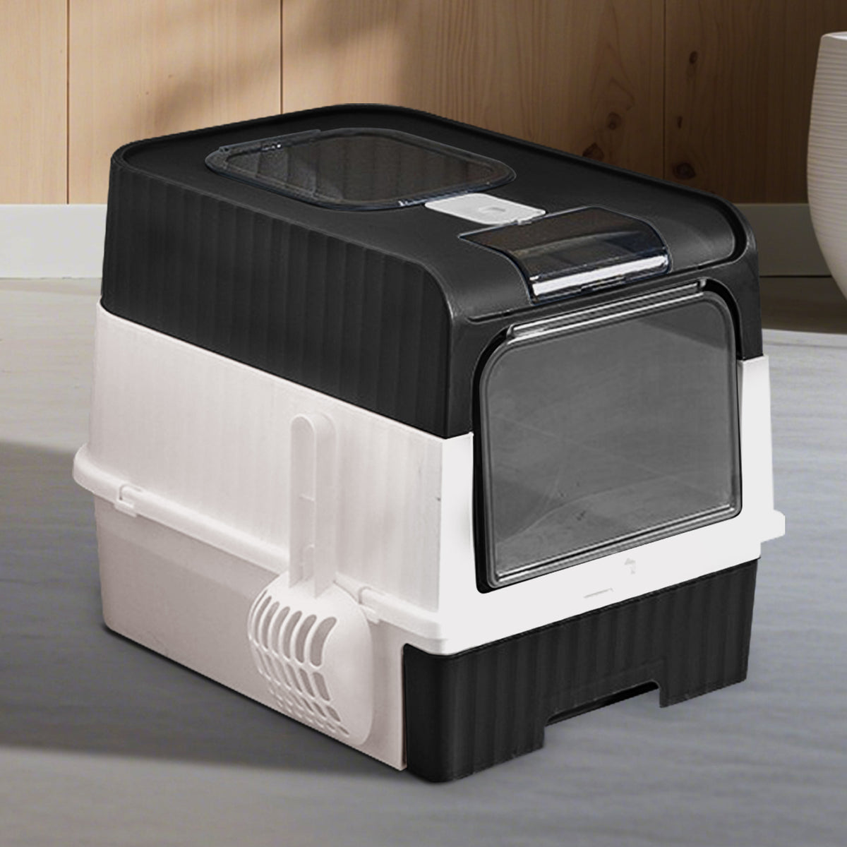 Enclosed Cat Litter Box with Lid, Anti-Tracking Fence, Drawer Tray & Scoop, Odor Control, Large, for Indoor Cats - Black, Gray, Blue, Pink