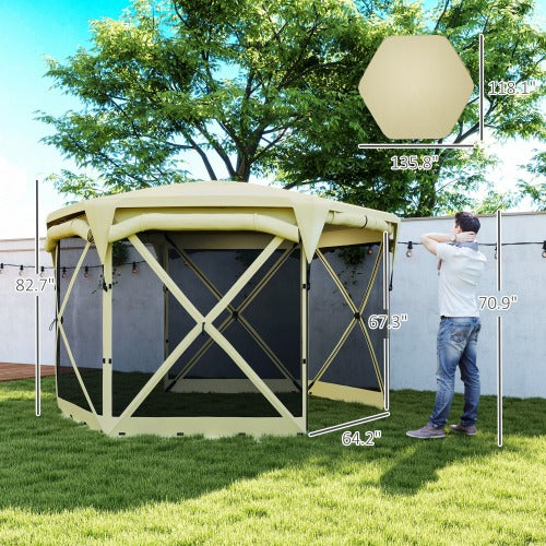Pop Up Gazebo Hexagonal, Outdoor Canopy Tent with Roll Up Wind Panels, Portable Sun Shelter with Removable Roof, Backyard Patio