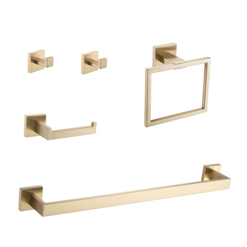 AEELLEEA 5-Piece Brushed Brass Bathroom Hardware Set, 23.82" Towel Bar Ring Toilet Paper Holder 2 Robe Hooks Wall Mount Kit