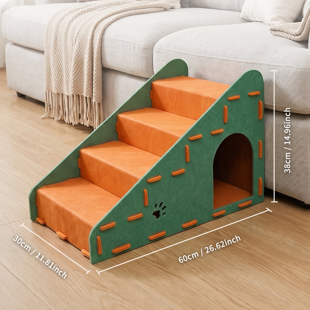 4-Step Felt Pet Stairs with Hideaway Cave, Non-Slip Dog Cat Ramp Steps for Sofa Bed, Small Pet Climbing Ladder