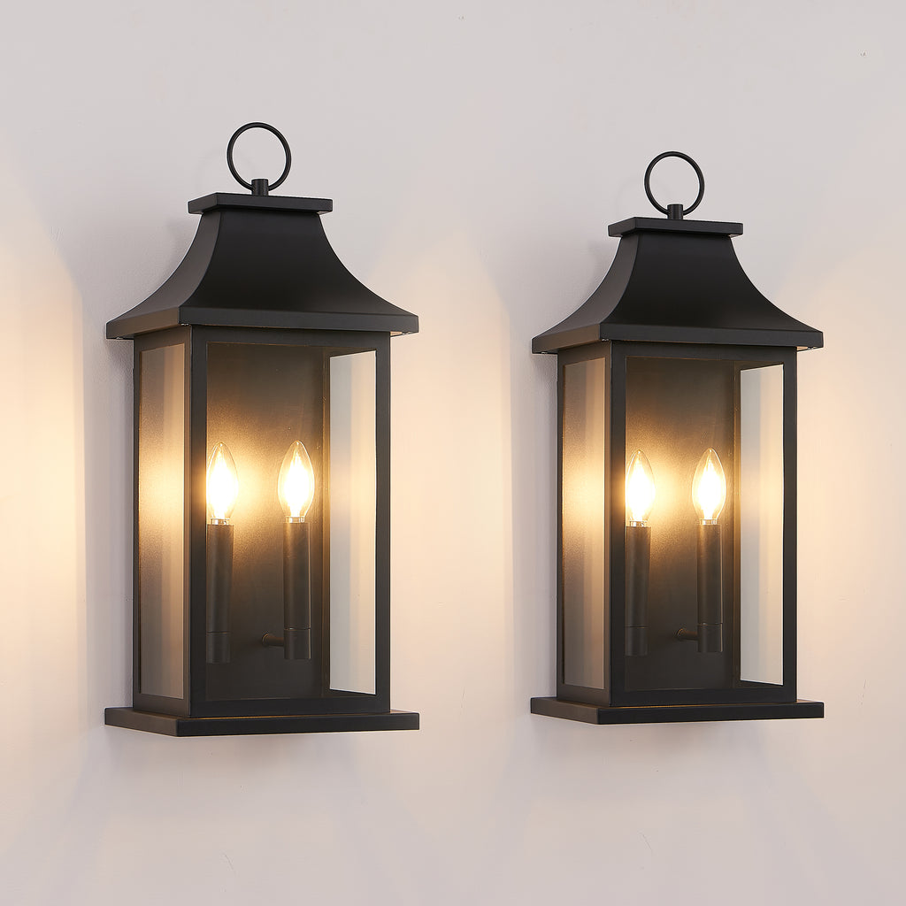 1 Pack Black Outdoor Wall Lantern, Vintage Metal Frame Clear Glass Wall Sconce, 2-Light Hardwired Exterior Wall Light Fixture