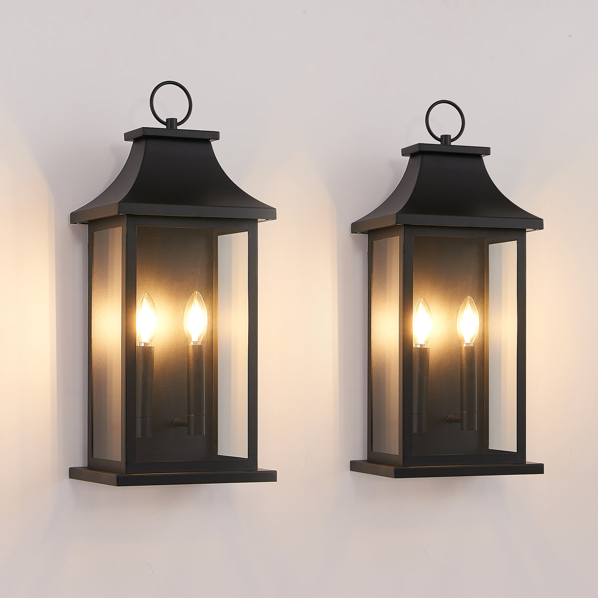 1 Pack Black Outdoor Wall Lantern, Vintage Metal Frame Clear Glass Wall Sconce, 2-Light Hardwired Exterior Wall Light Fixture