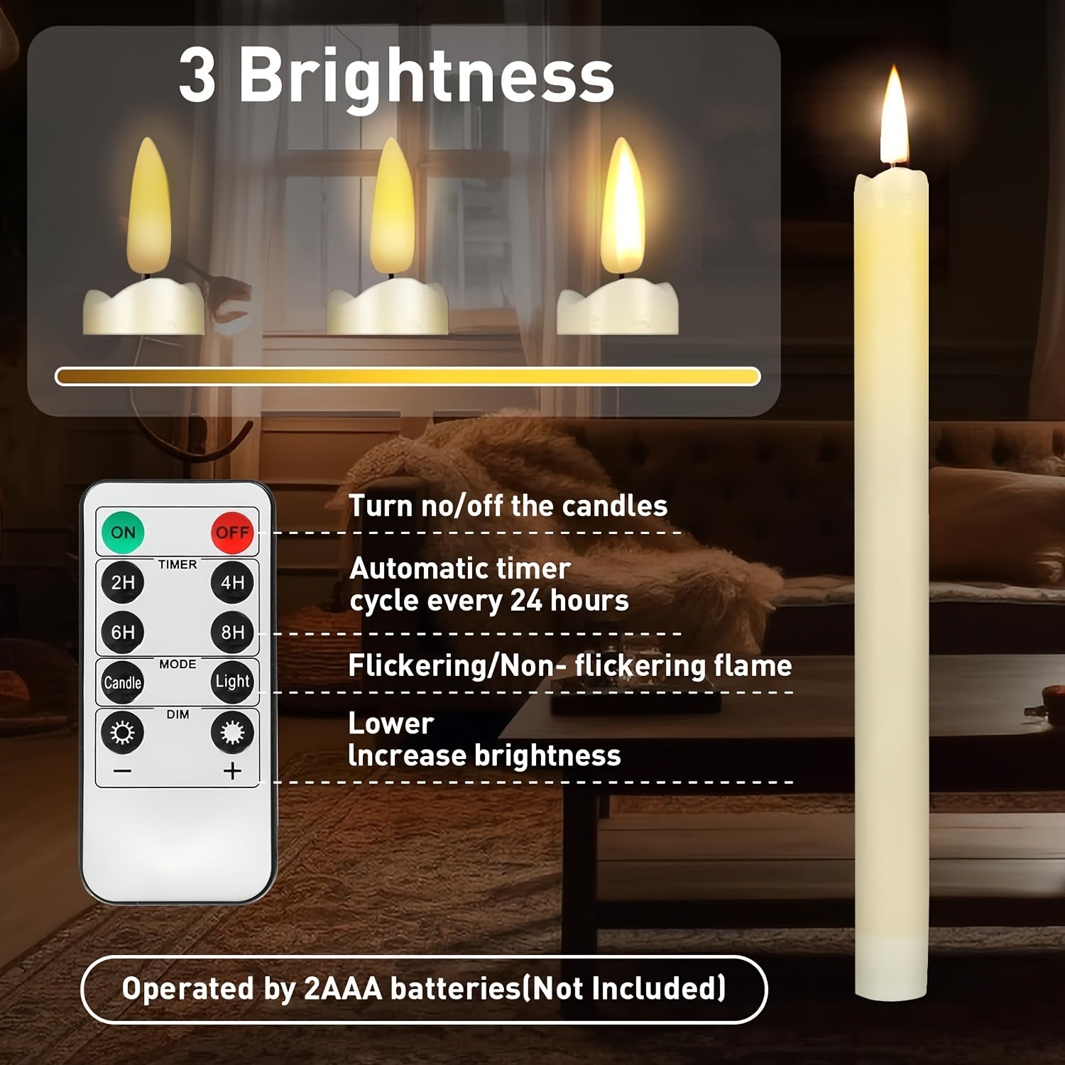 Flameless Ivory Taper Candles Flickering with 10-Key Remote, LED Warm 3D Wick Light Window Candles Real Wax Pack of 10, Christmas Home Wedding Decor