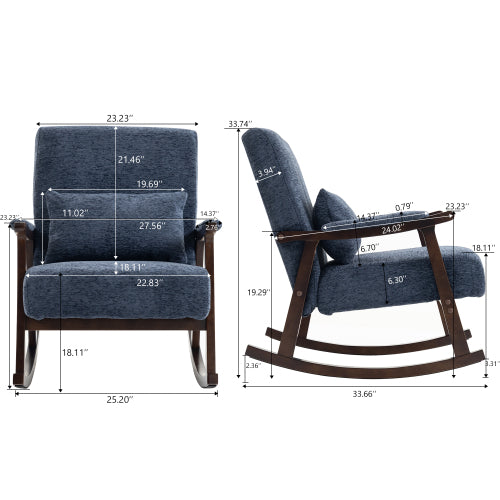 Mid Century Modern Rocking Chair, Wood Rocker with Navy Blue Fabric Cushion and Throw Pillow, Living Room Chair