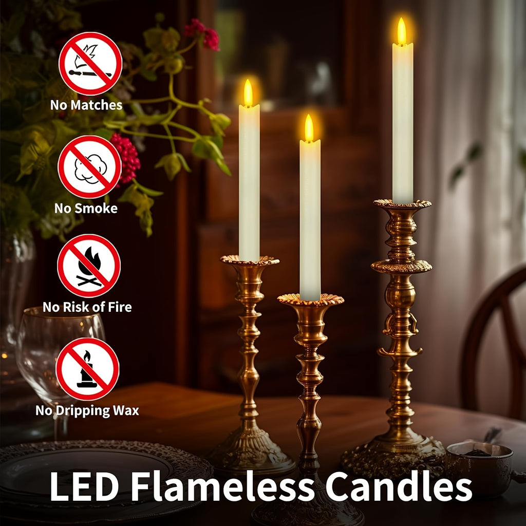 Flameless Ivory Taper Candles Flickering with 10-Key Remote, LED Warm 3D Wick Light Window Candles Real Wax Pack of 10, Christmas Home Wedding Decor