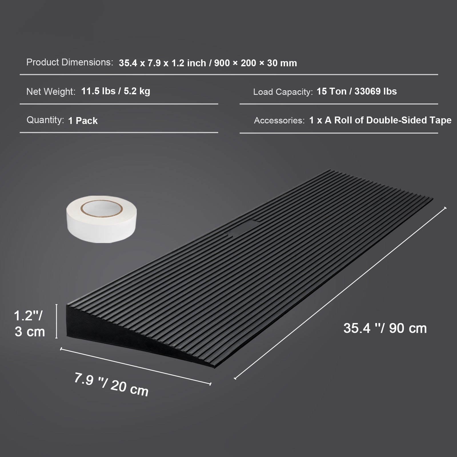 .2" Rise Cuttable Threshold Ramp for Doorways, 35.4" Wide Natural Rubber Wheelchair Ramp, Non-Slip Wheelchair Ramp for Home & Groceries