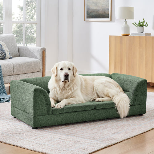 AEELLEEA Large Dog Sofa Bed, Green Upholstered Pet Couch with Bolster Sides, Jumbo Dog Bed for Large Dogs up to 150 lbs