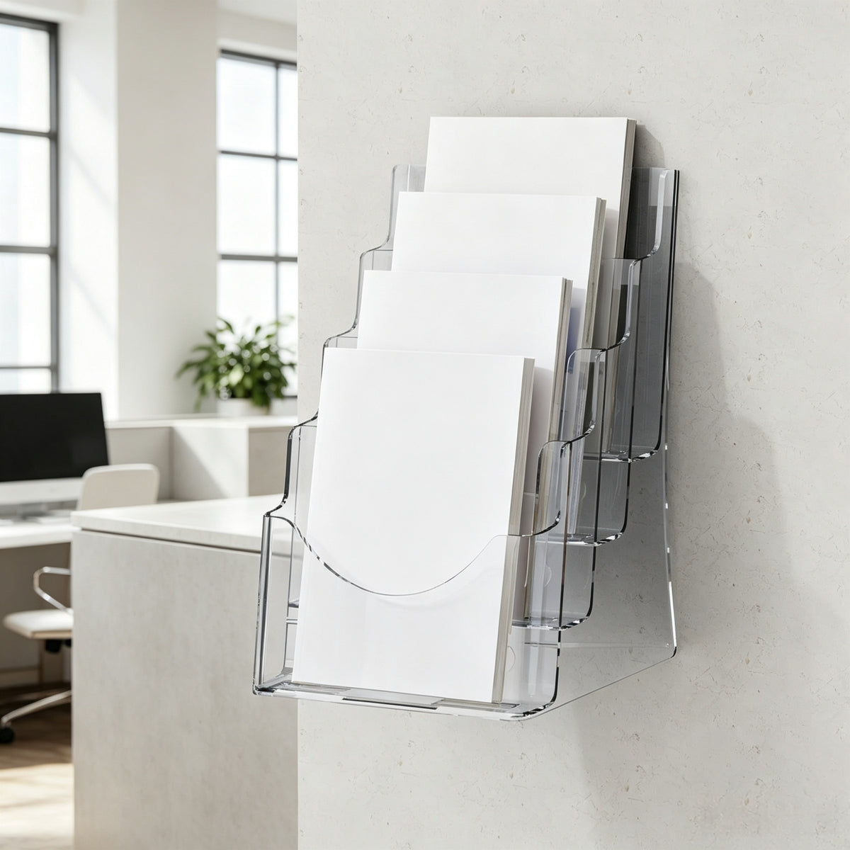 4-Tier Acrylic Wall Mounted File Holder, Clear Wall File Organizer, Hanging Paper Magazine Rack for Office Home