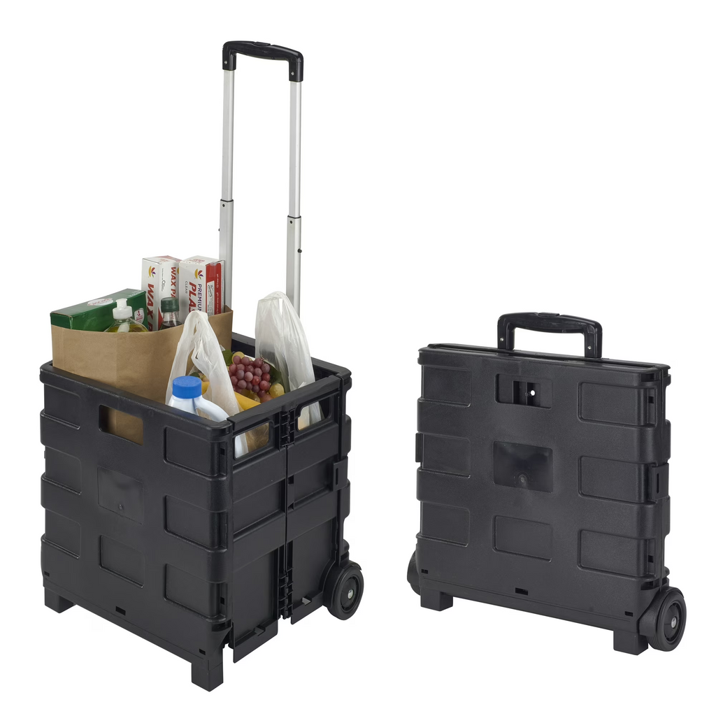 AEELLEEA Portable Folding Rolling Shopping Cart, Collapsible Plastic Utility Trolley with Extendable Handle, 55lbs Capacity for Grocery Office Storage