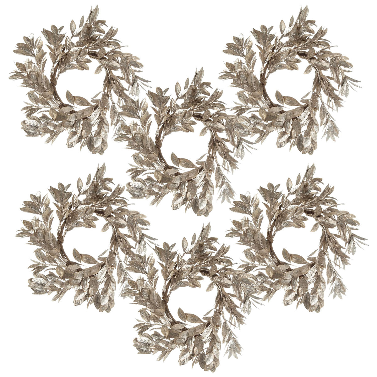 AEELLEEA 10 Inch Silver Shimmer Candle Ring Wreath, Christmas Winter Table Door Decor, Set of 6