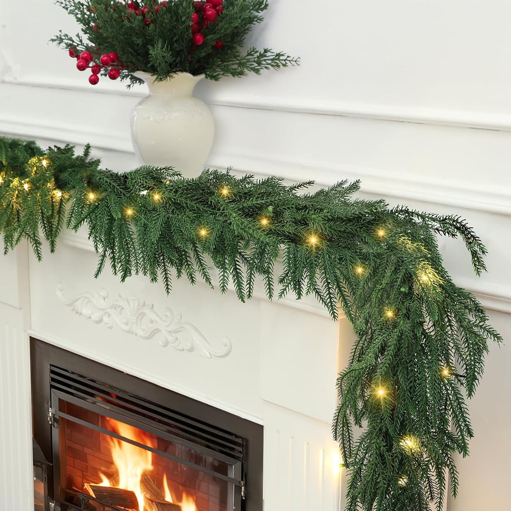 Christmas Pre-Lit LED Garland, Artificial Pine Garland with Red Berries & Pine Cones, Battery Powered Waterproof, Fireplace Mantel Holiday Decor