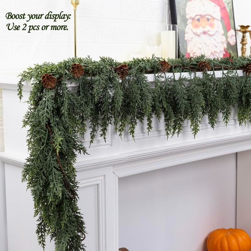 Artificial Cedar Christmas Garland with Pine Cones, 70 Inch Realistic Faux Greenery Garland for Mantel, Fireplace, Table, Holiday & Winter Home Decor