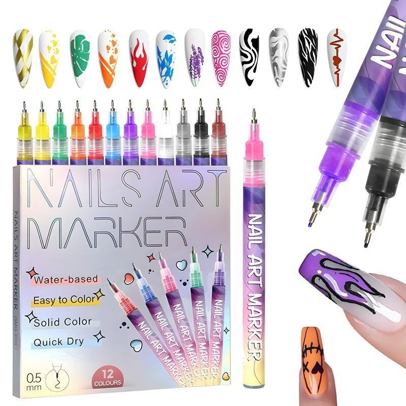 Nail Art Pens 12 Pack, Quick Dry Water-Based Nail Polish Marker Pens with Fine 0.5mm Tip, DIY Manicure Pen Set for Women & Girls