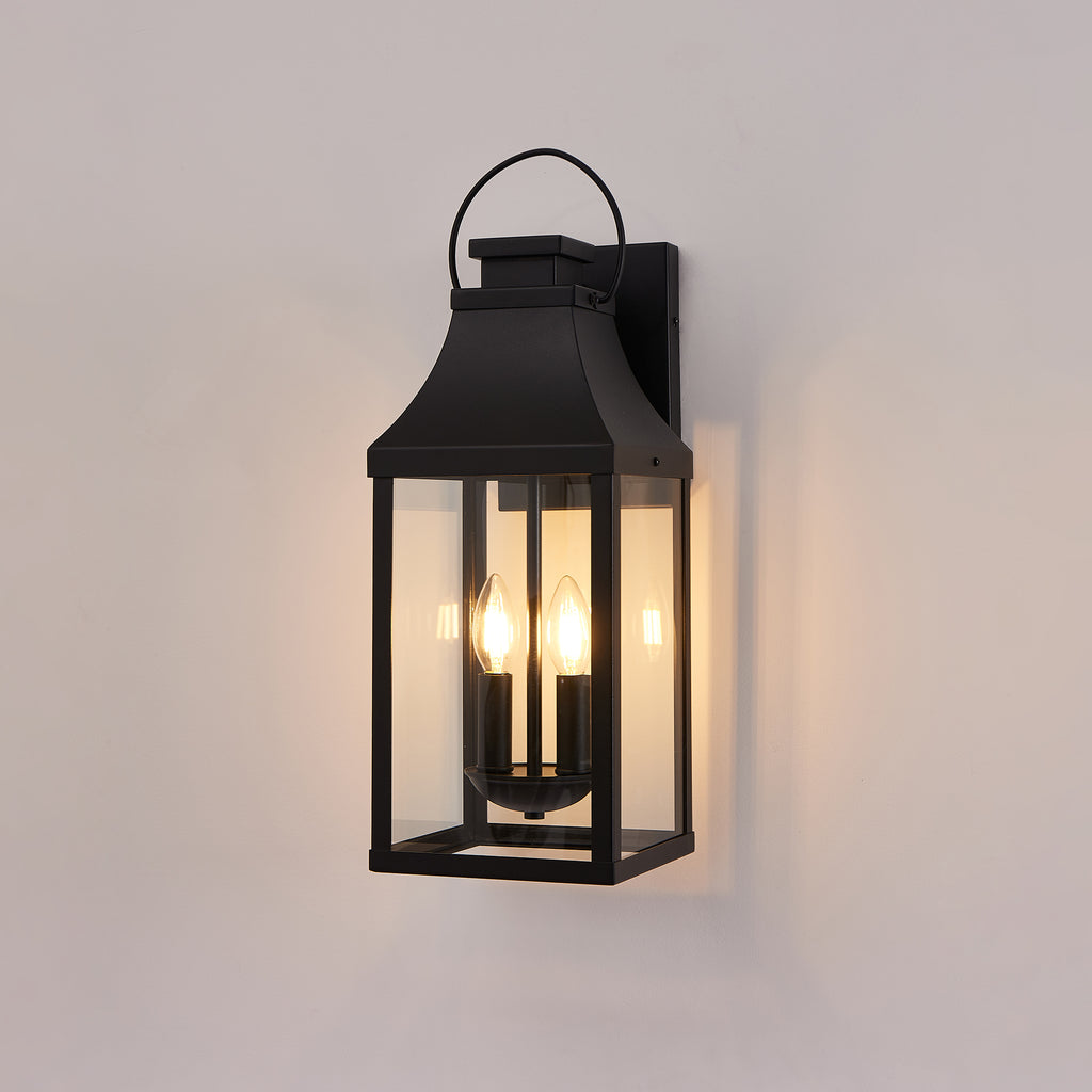 1 Pack Black Outdoor Wall Lantern, Vintage Metal Frame Clear Glass Wall Sconce, 2-Light Hardwired Exterior Wall Light