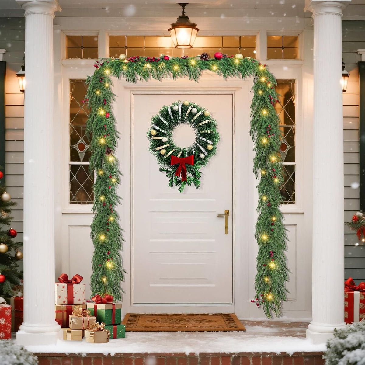 Christmas Pre-Lit LED Garland, Artificial Pine Garland with Red Berries & Pine Cones, Battery Powered Waterproof, Fireplace Mantel Holiday Decor