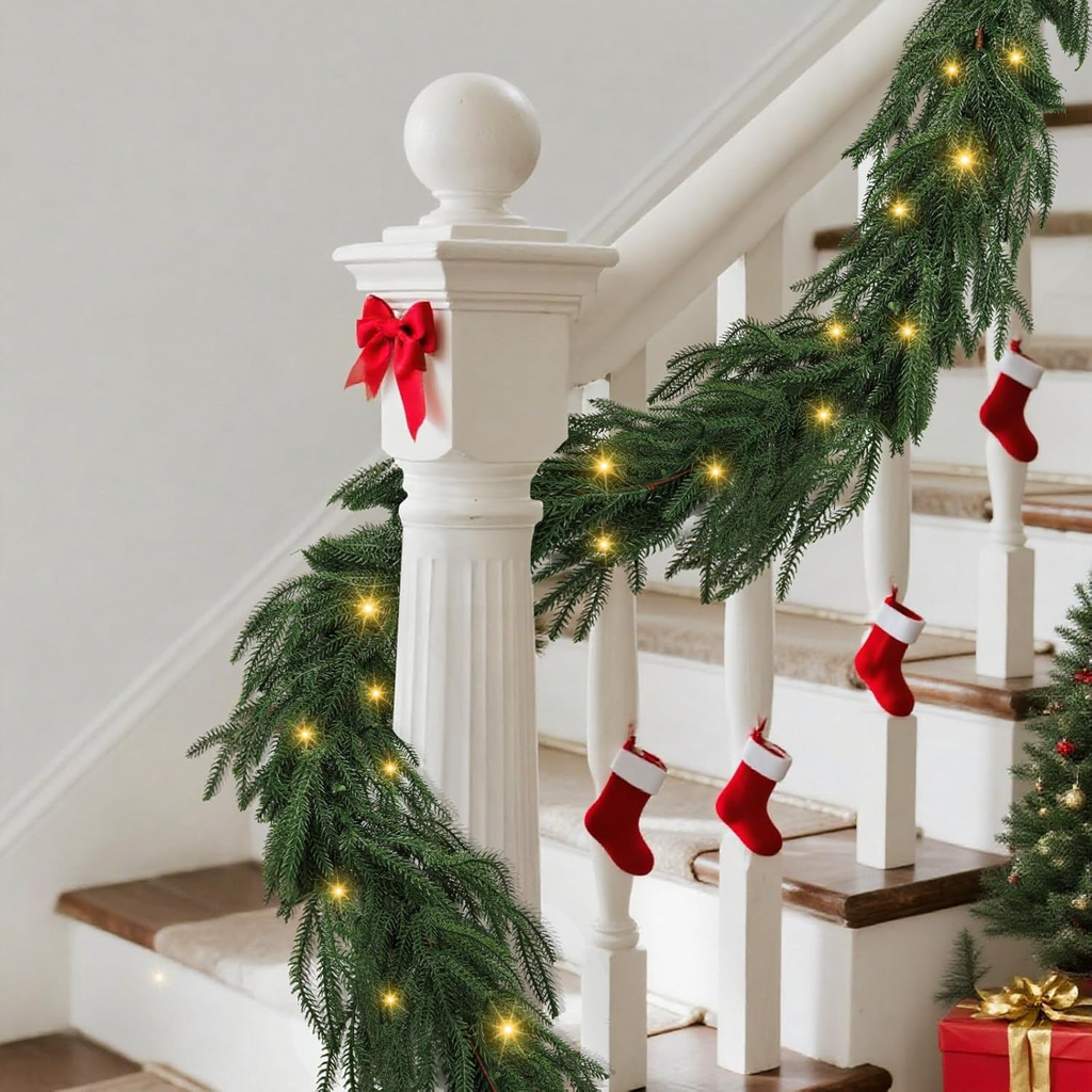 Christmas Pre-Lit LED Garland, Artificial Pine Garland with Red Berries & Pine Cones, Battery Powered Waterproof, Fireplace Mantel Holiday Decor