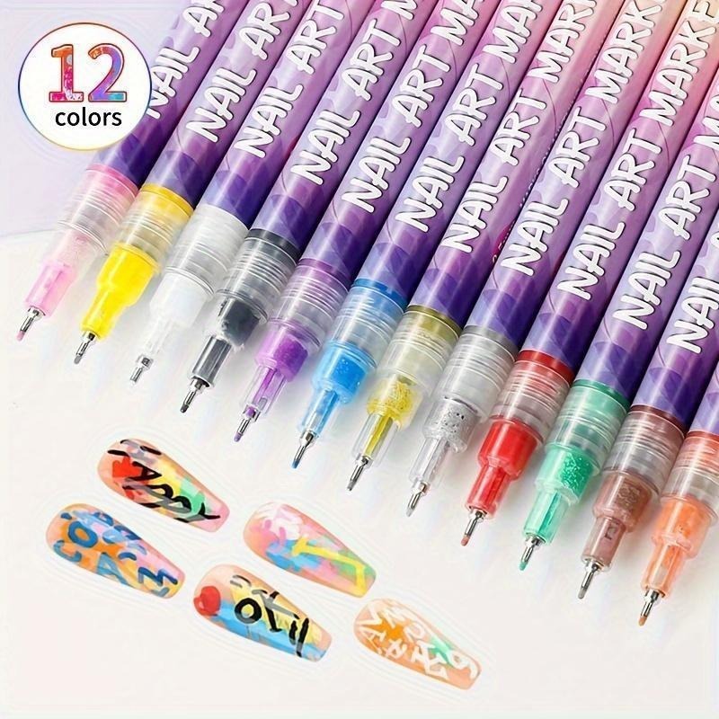 Nail Art Pens 12 Pack, Quick Dry Water-Based Nail Polish Marker Pens with Fine 0.5mm Tip, DIY Manicure Pen Set for Women & Girls