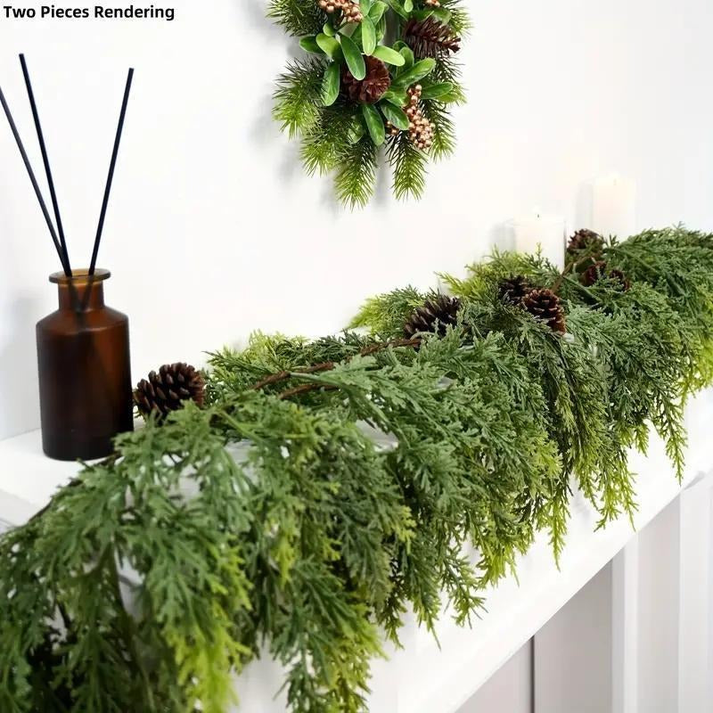 Artificial Cedar Christmas Garland with Pine Cones, 70 Inch Realistic Faux Greenery Garland for Mantel, Fireplace, Table, Holiday & Winter Home Decor