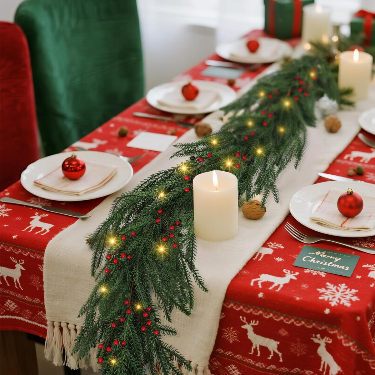 Christmas Pre-Lit LED Garland, Artificial Pine Garland with Red Berries & Pine Cones, Battery Powered Waterproof, Fireplace Mantel Holiday Decor
