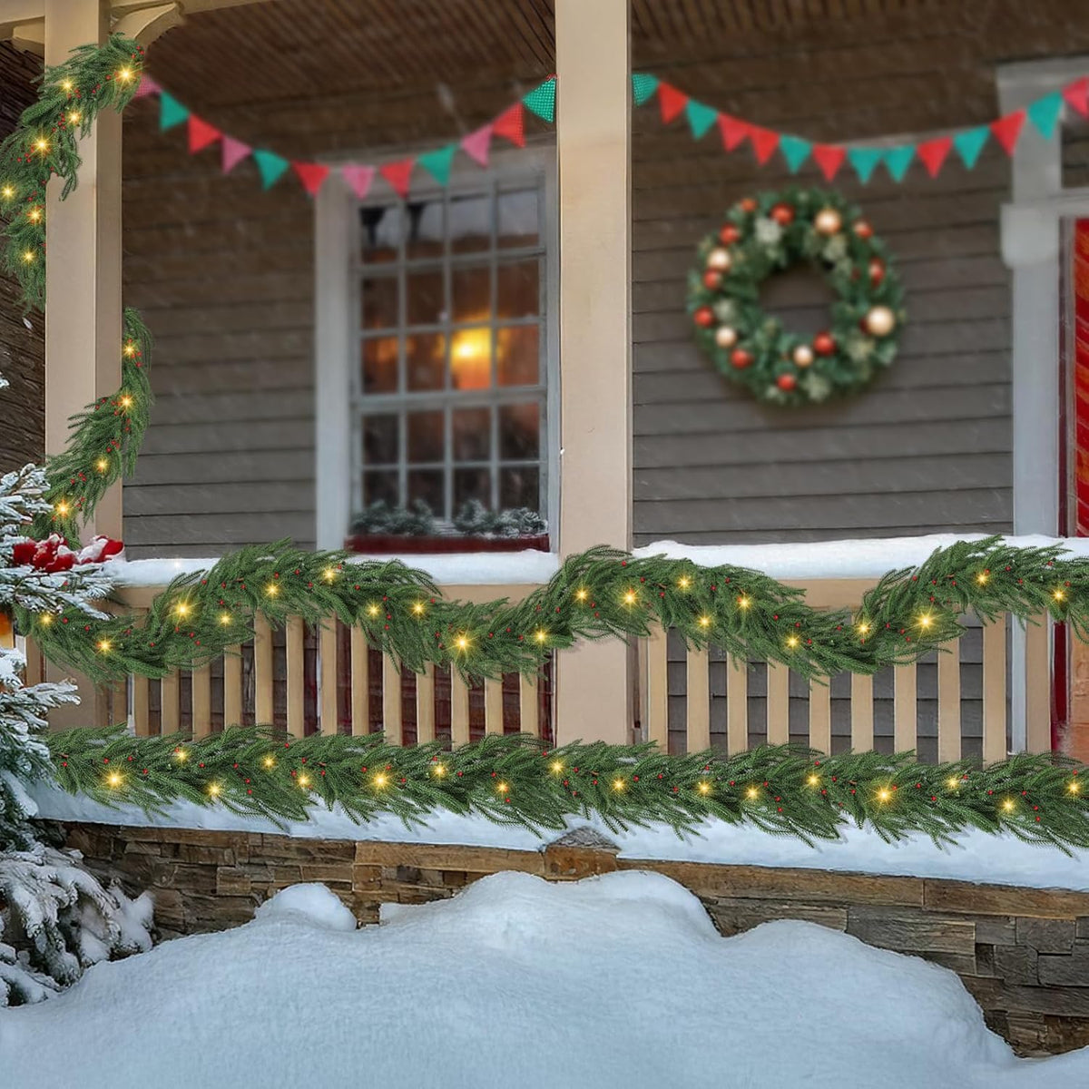 Christmas Pre-Lit LED Garland, Artificial Pine Garland with Red Berries & Pine Cones, Battery Powered Waterproof, Fireplace Mantel Holiday Decor
