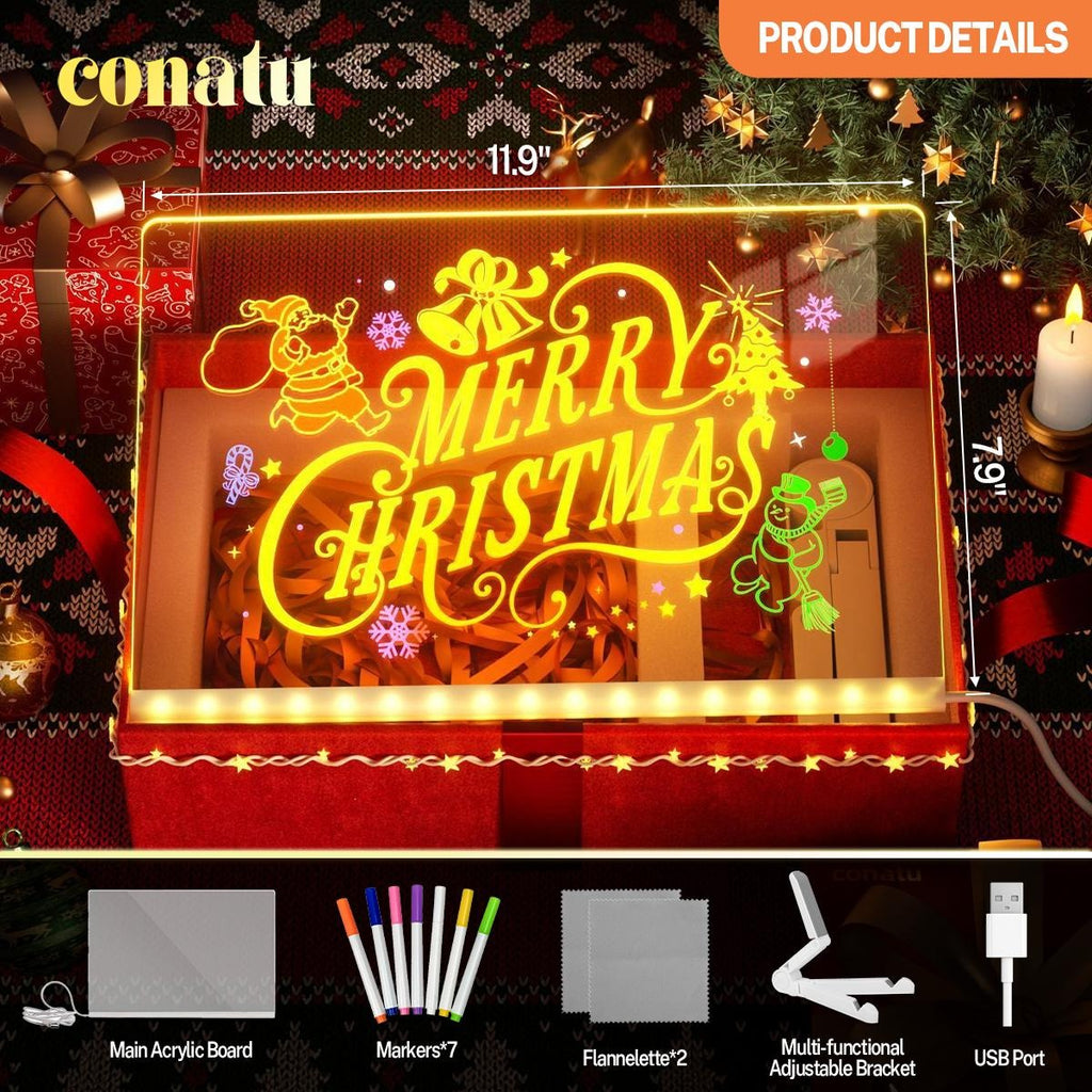 Light Up Acrylic Message Board, Erasable Glow Drawing Board with 7 Markers, USB Powered Christmas Desktop Decor & Holiday Gift for Kids