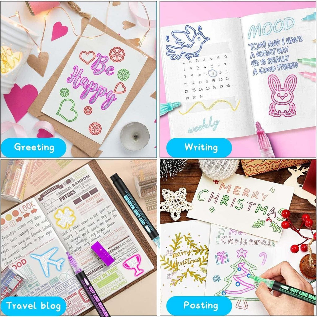 48 Colors Double Line Outline Art Pen Marker Pen Diy Graffiti Outline Marker Pen Highlighter Scrapbook Diary Poster Card, Coloring Supplies