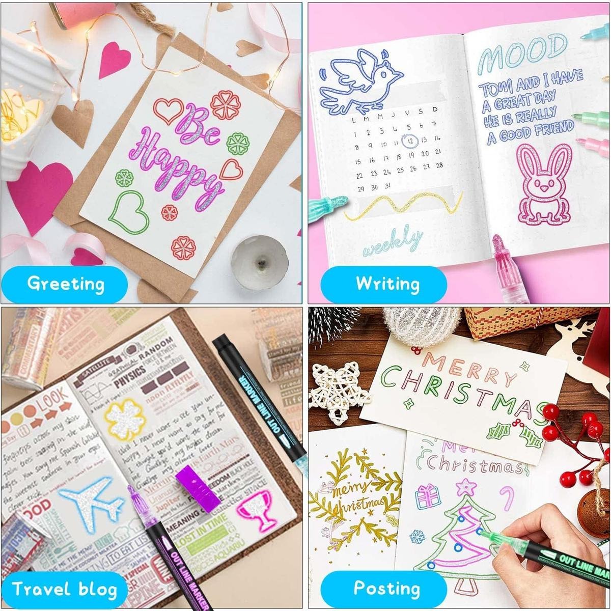 48 Colors Double Line Outline Art Pen Marker Pen Diy Graffiti Outline Marker Pen Highlighter Scrapbook Diary Poster Card, Coloring Supplies