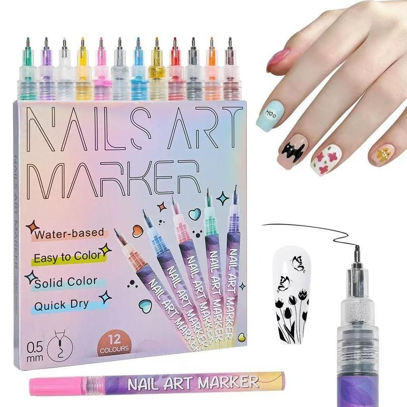 Nail Art Pens 12 Pack, Quick Dry Water-Based Nail Polish Marker Pens with Fine 0.5mm Tip, DIY Manicure Pen Set for Women & Girls