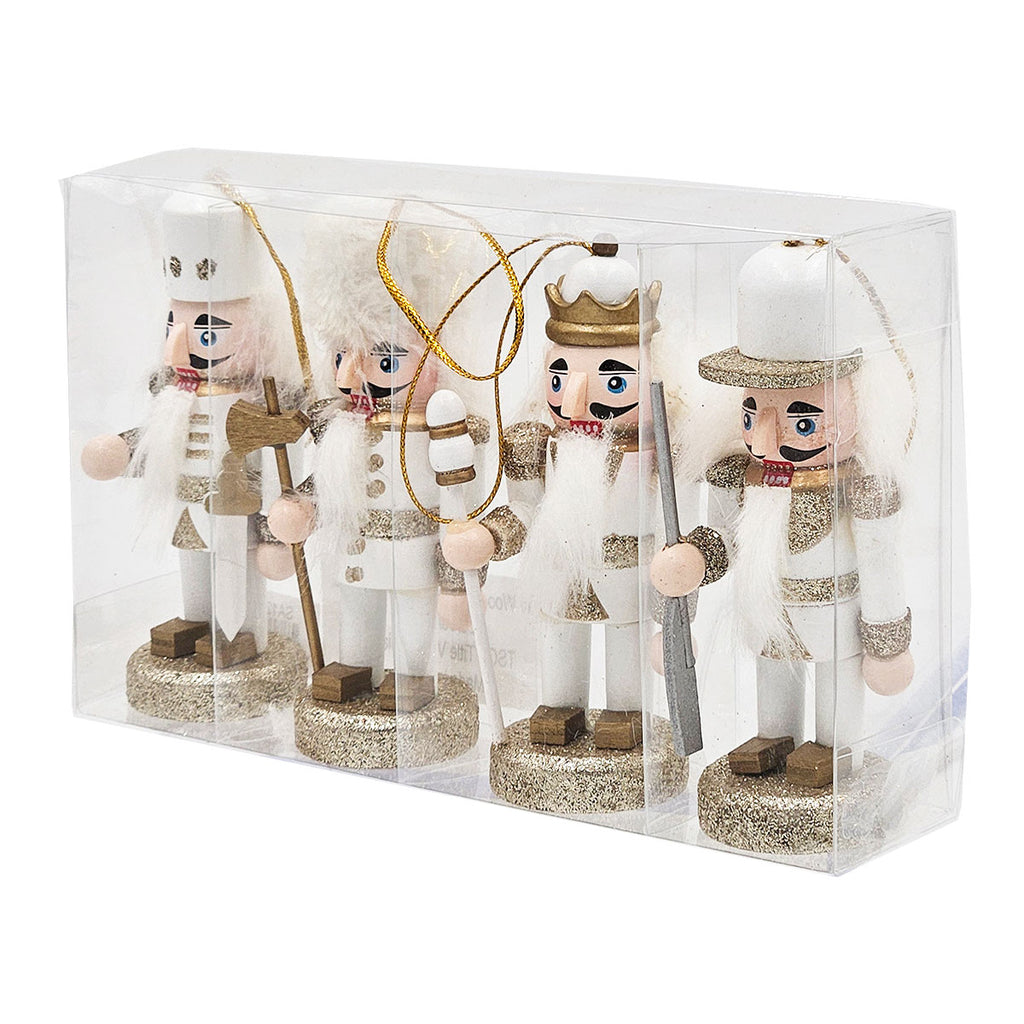 AEELLEEA 5 Inch White Gold Wooden Nutcracker Ornaments, Christmas Tree Hanging Soldier Decor, Set of 4