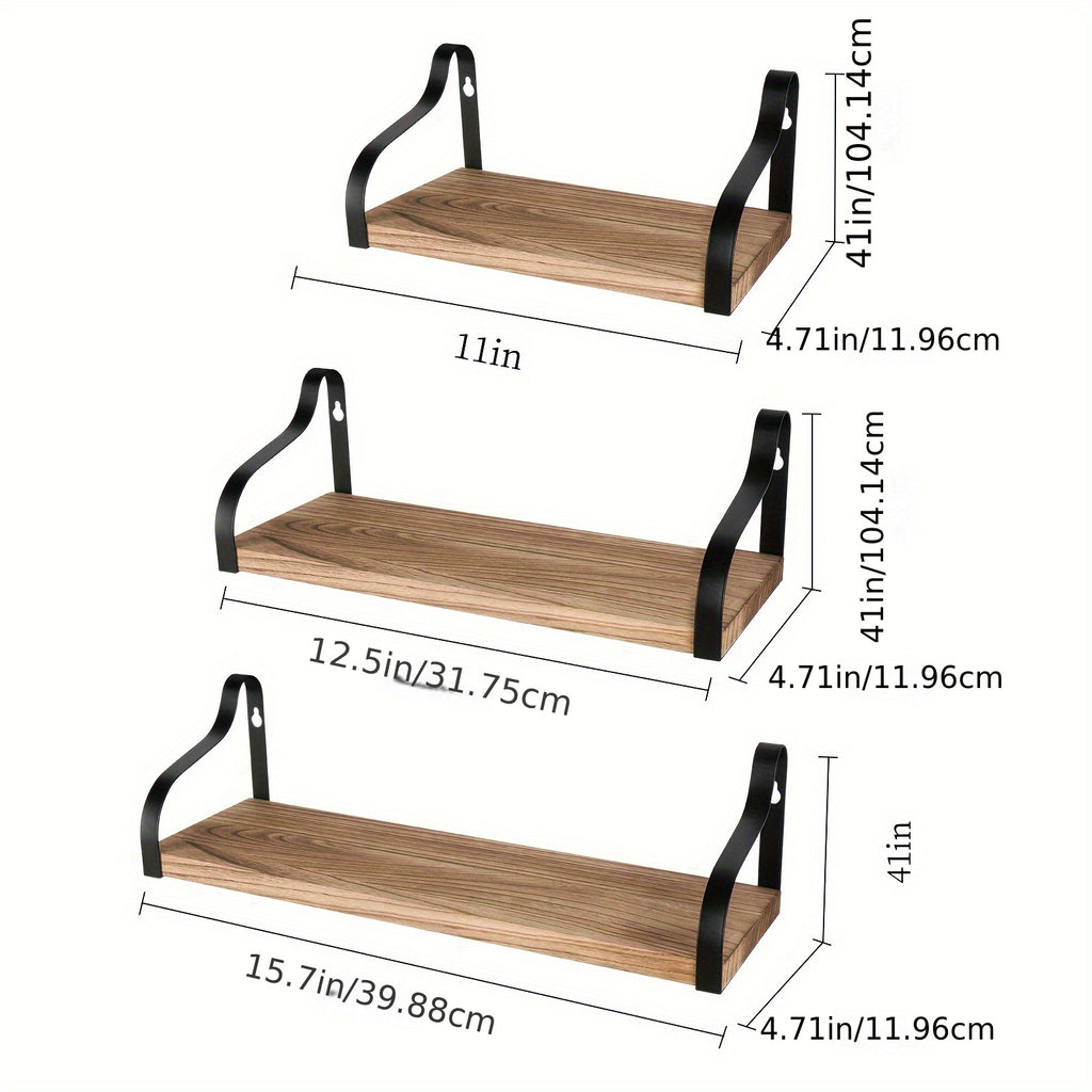 Rustic Wood Floating Shelves Set of 3 - Solid Wood Wall Mounted Storage & Decor for Living Room, Bedroom, Bathroom, Kitchen - Beautiful & Practical