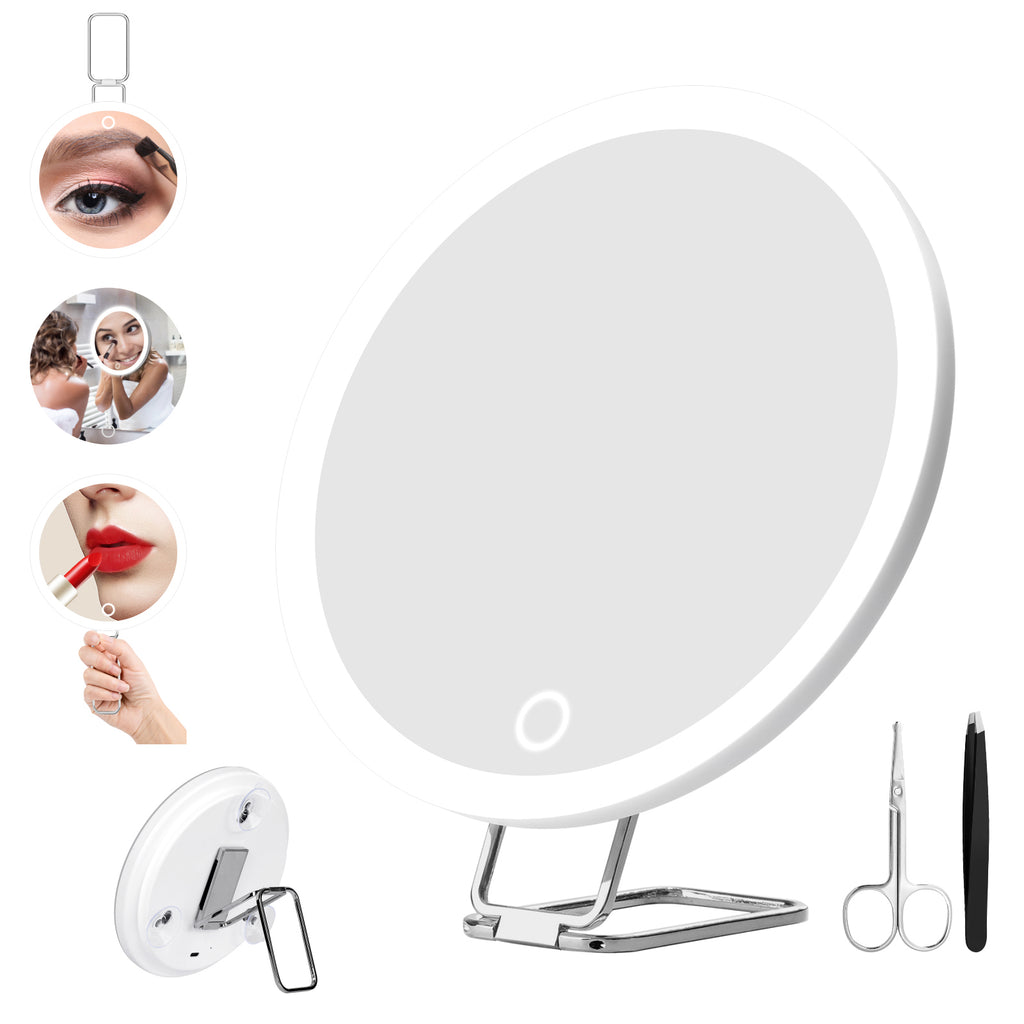 30X LED Makeup Mirror 6" Travel Mirror with Suction Cups + Tweezers & Scissors